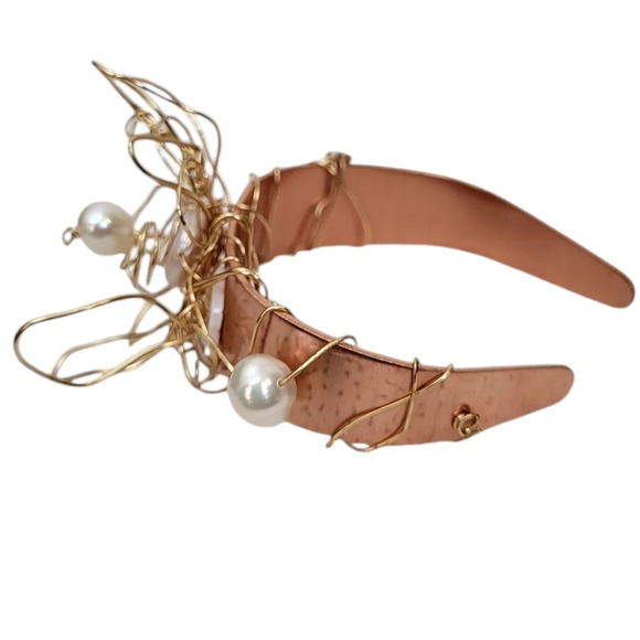 Wire Wrapped Freshwater Pearl Mother of Pearl Copper Cuff - Picture 3 of 4